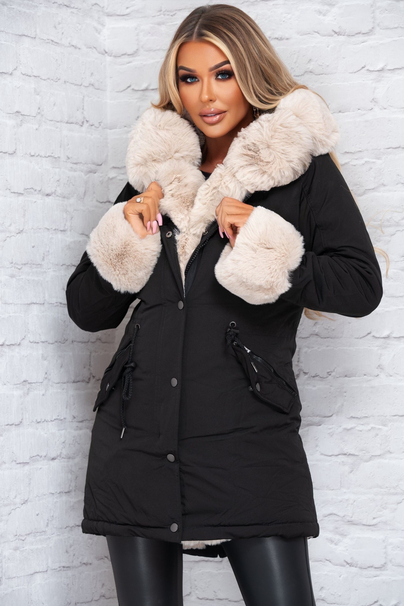 Cocoa Kisses Black Faux Fur Trim Parka Coat view 4