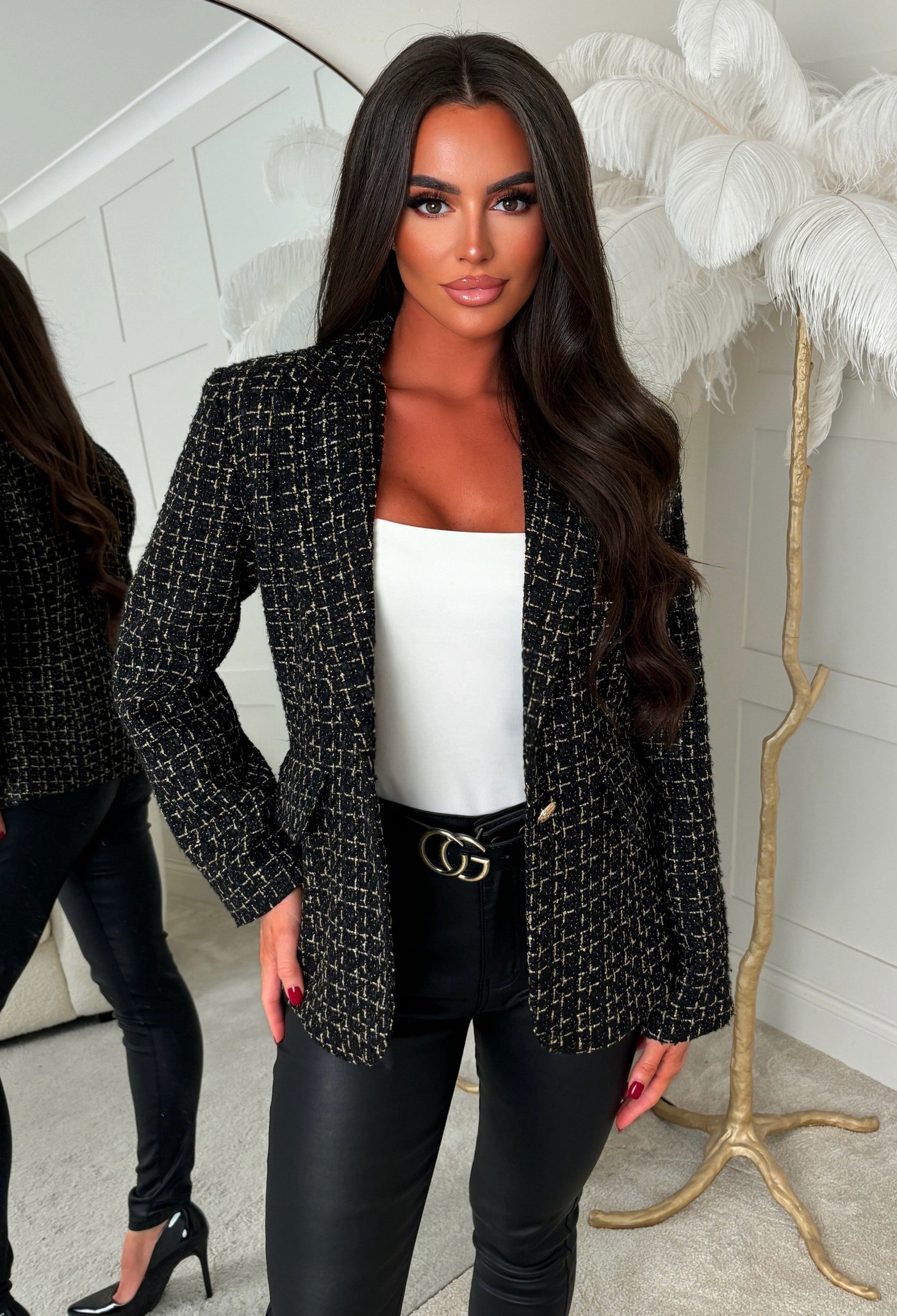Chantelle Black Tweed Lurex Gold Buttoned Blazer